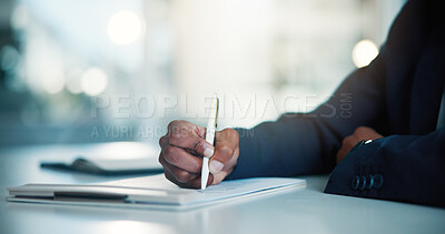 Buy stock photo Hands, investor and man with documents, writing and planning for economy strategy. Bokeh, person and financial advisor in office, notes and profit goals for trading portfolio or checklist for revenue