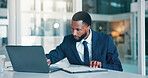 Investor, laptop and black man in office, notebook and checklist for company audit. African person, employee and financial advisor in workplace, pc and research for stock market and planning trading