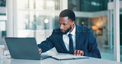 Buy stock photo Investor, laptop and black man in office, notebook and checklist for company audit. African person, employee and financial advisor in workplace, pc and research for stock market and planning trading