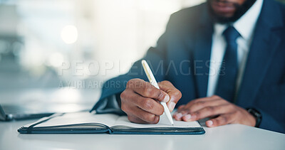 Buy stock photo Investor, hands and man with notebook, writing and planning for trading strategy. Closeup, person and corporate professional in office, financial audit and checklist for profit review and schedule