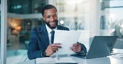 Buy stock photo Investor, laptop and black man in office, documents and checklist for company audit. African person, success and financial advisor in workplace, pc and research for stock market and trading strategy