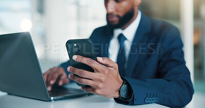 Buy stock photo Hands, businessman and laptop with phone in office for record keeping, finance app or auditing. Accountant, employee or tech at desk for financial reporting, budget review or MFA code to track income