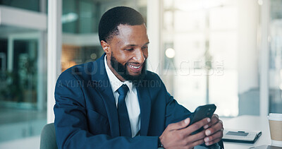 Buy stock photo Financial advisor, smartphone and black man in office, smile and message to contact. African person, flare and investor in workplace, cellphone and email notification for profit growth and investment