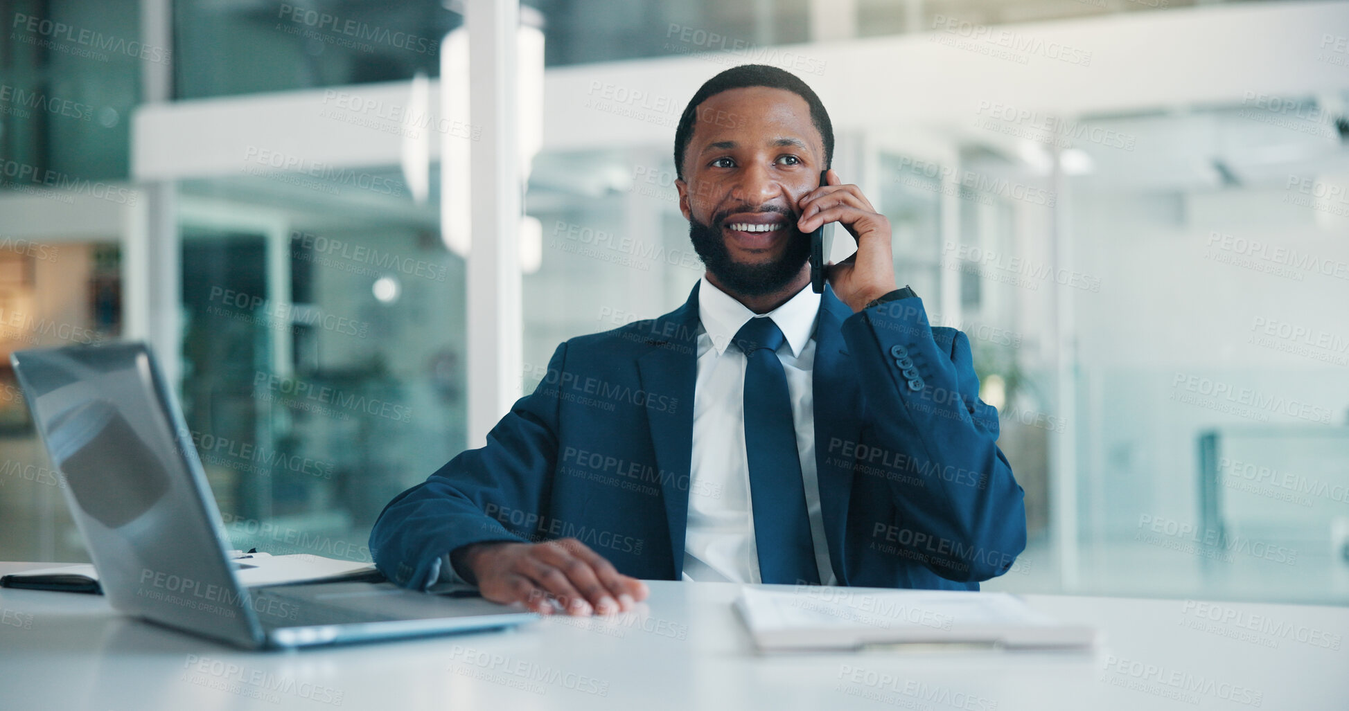 Buy stock photo Happy, employee and man in office, phone call and consultation for financial advice or conversation. Business, wealth management and black person with mobile for communication, smile and discussion