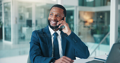 Buy stock photo Office, phone call and man with laptop, consultation and discussion for financial advice or talking. Business, wealth management and black person with mobile for chat, online and smile with tech