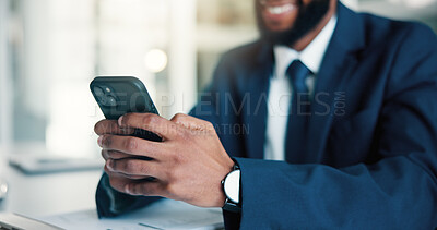 Buy stock photo Financial advisor, smartphone and man in office, hands and message to contact. Person, internet and investor in workplace, cellphone or email notification for stock market portfolio and website info