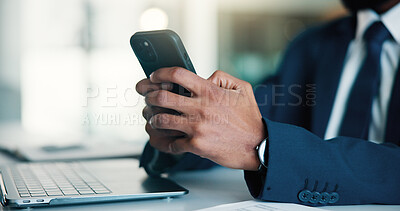 Buy stock photo Financial advisor, cellphone and man in workplace, hands and email for trading portfolio. Person, employee and investor with smartphone, typing and website info for profit growth and investment deal