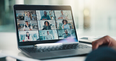 Buy stock photo Hands, laptop screen or virtual conference in office for finance update, investment insight or review. Financial team, people and video call meeting for risk management, project briefing and feedback
