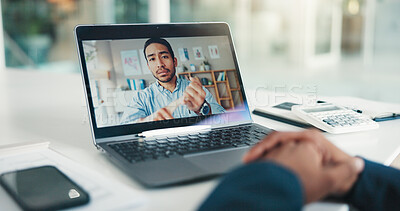 Buy stock photo Hands, laptop screen or virtual meeting in office for finance update, investment insight or review. Financial team, people and webinar at desk for risk management, project briefing or budget feedback