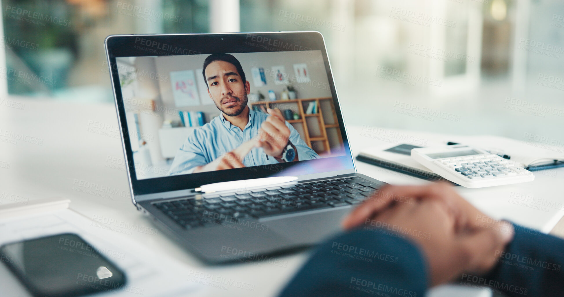 Buy stock photo Hands, laptop screen or virtual meeting in office for finance update, investment insight or review. Financial team, people and webinar at desk for risk management, project briefing or budget feedback