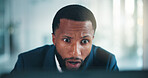Shocked, investor or black man in office, laptop or email notification for stock market crash. African person, financial loss or trader with tech, investment fail or surprise with debt or mistake