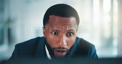 Buy stock photo Shocked, investor or black man in office, laptop or email notification for stock market crash. African person, financial loss or trader with tech, investment fail or surprise with debt or mistake