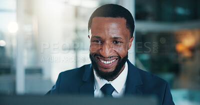 Buy stock photo Investor, laptop and black man in office, smile and online reading for investment deal. African person, employee and financial advisor in workplace, happiness and email for profit growth and bonus
