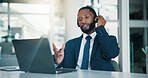 Headset, laptop and black man in office for customer service, communication or contact us. Mic, computer and African male corporate secretary with online consultation for business review in workplace