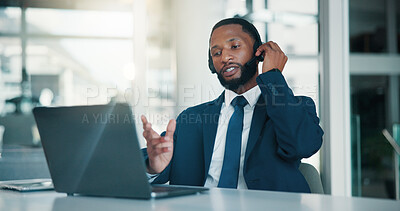 Buy stock photo Headset, laptop and black man in office for customer service, communication or contact us. Mic, computer and African male corporate secretary with online consultation for business review in workplace