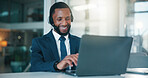 Headset, laptop and black man in office for customer support, communication or contact us. Mic, computer and African male corporate secretary with online consultation for business review in workplace