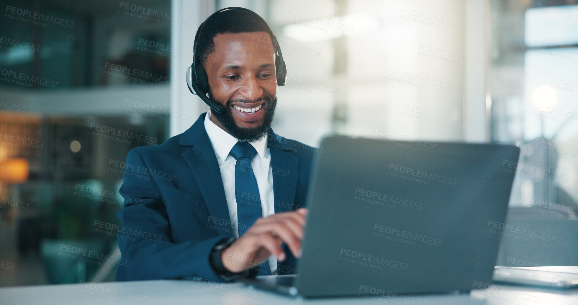 Buy stock photo Headset, laptop and black man in office for customer support, communication or contact us. Mic, computer and African male corporate secretary with online consultation for business review in workplace