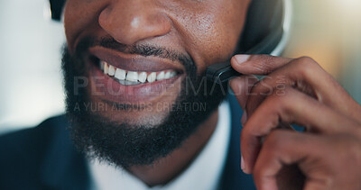 Buy stock photo Call center, smile and hands in office with headset, contact us or advice in crm service. Professional, man and consultant in agency with tech, online assistance or feedback in client support.