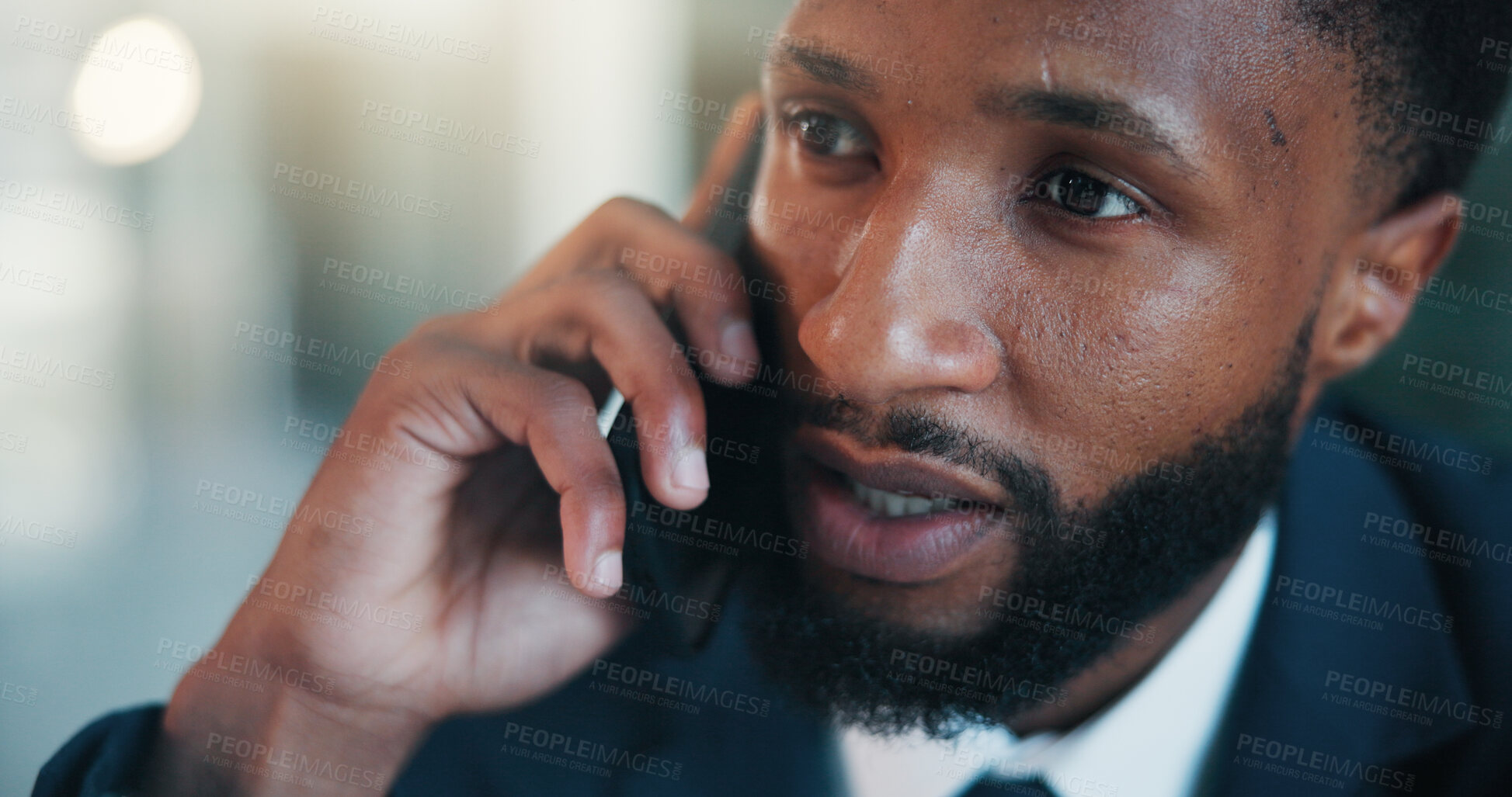 Buy stock photo Black man, phone call and talk at office for contact, insight and legal advisory services at agency. Person, consultant and smartphone with feedback, solution and conversation at corporate law firm