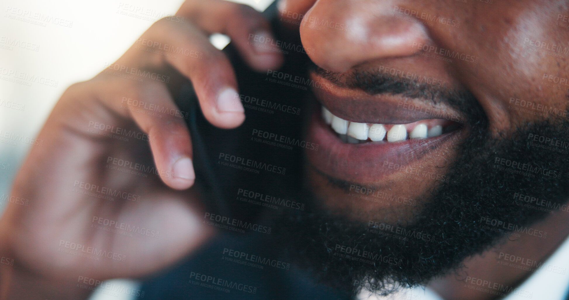 Buy stock photo Hands, mouth and business man with phone call in office for finance deal, negotiation and feedback. Happy, financial advisor and mobile discussion with client for investment update and online advice