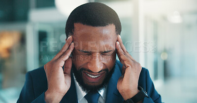 Buy stock photo Black man, headache and stress with pain at office, tension and temple massage at investment agency. African person, broker and frustrated with chronic migraine, tired or burnout at financial company