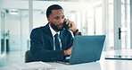 Office, phone call and man with laptop, serious and discussion for financial advice or consultation. Business, wealth management and black person with mobile for chat, online and research with tech