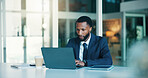 Business, black man and typing on laptop in office for research, email client and finance report. Space, accountant and pc for company audit, update budget and financial proposal for investment offer