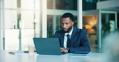 Buy stock photo Business, black man and typing on laptop in office for research, email client and finance report. Space, accountant and pc for company audit, update budget and financial proposal for investment offer
