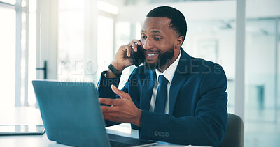 Buy stock photo Office, phone call and man with laptop, smile and discussion for wealth management and consultation. Business, financial advisor and black person with mobile for chat, online and research with tech