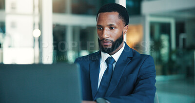 Buy stock photo Business, black man and reading with laptop in office for research, email and finance report. Person, accountant and pc for company audit, budget planning and financial proposal for investment offer