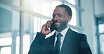 Happy, business man and phone call in office for finance planning, savings advice and feedback. Financial advisor, black person or mobile discussion with client for investment update or insurance FAQ