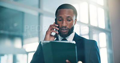 Buy stock photo Office, phone call and man with tablet, online and discussion for wealth management and consultation. Business, financial advisor and black person with mobile for chat, serious and research with tech