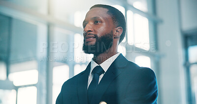 Buy stock photo Investor, thinking and black man in office, wonder and confidence for business planning. African person, employee and financial advisor in workplace, contemplation and thoughtful with idea for deal
