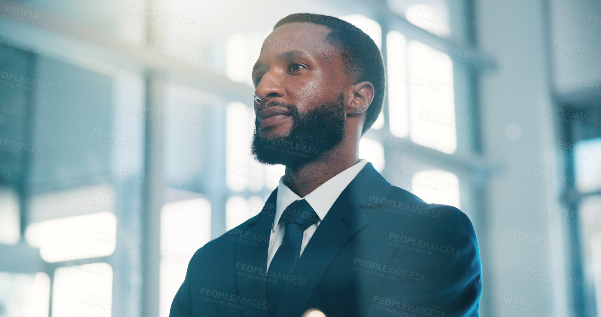 Buy stock photo Investor, thinking and black man in office, wonder and confidence for business planning. African person, employee and financial advisor in workplace, contemplation and thoughtful with idea for deal