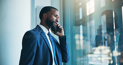 Buy stock photo Window, business man and phone call in office for finance planning, savings advice or feedback. Financial advisor, black person or mobile discussion with client for investment update or insurance FAQ