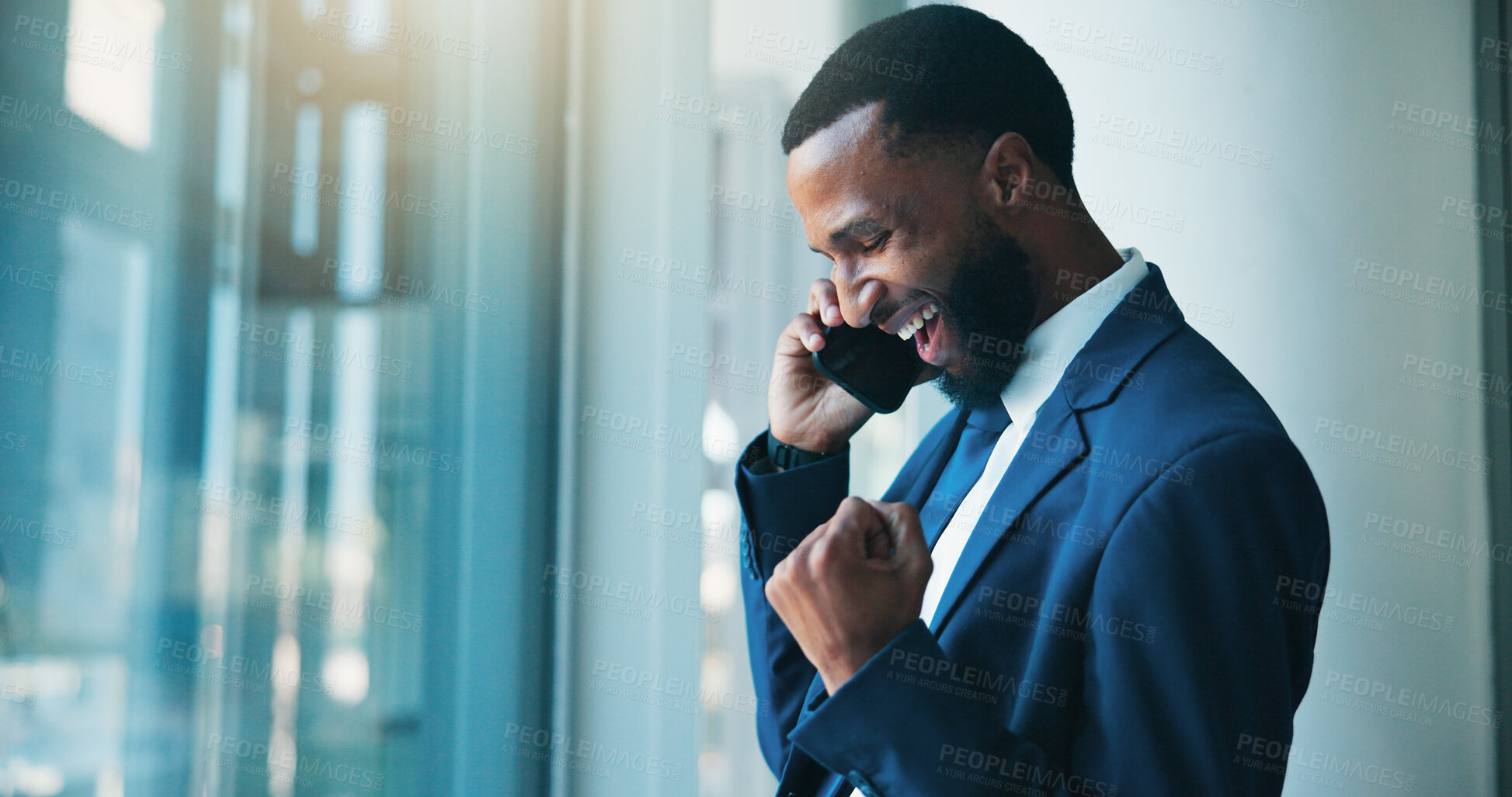Buy stock photo Investor, phone call and black man in office, fist pump and excited for stock market exchange. African person, profit growth and financial advisor in workplace, cellphone and success with bonus