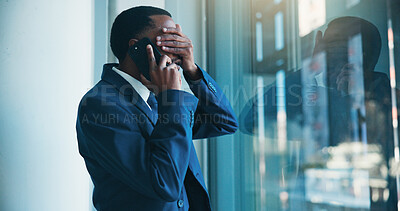 Buy stock photo Man, listening and phone call in office, stress and emotional for stock market collapse and anxiety. Unhappy, investment banker and person with mobile for bad news, financial crisis and discussion