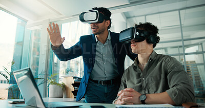 Buy stock photo Business, people and meeting with vr headset in office for training, simulation and developer. Men, demonstration and virtual reality tech for interactive design, app development and user experience
