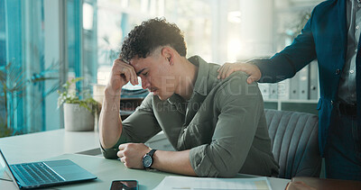 Buy stock photo Man, sad and comfort in office, stress and thinking of unemployment, emotional and financial crisis. Employee, unhappy and person with depression for job loss and coworker with empathy for dismissal