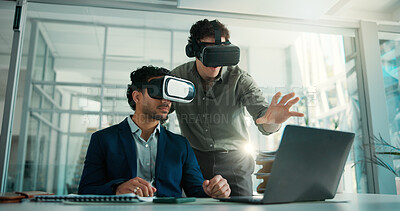 Buy stock photo Business, people and laptop with vr headset in office for training, simulation and developer. Men, demonstration and virtual reality tech for interactive design, app development and user experience


