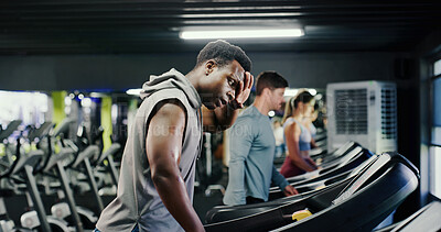 Buy stock photo Tired, training and man in gym on treadmill, workout and endurance for fitness with sweat. Cardio machine, runner and exhausted person in exercise club with fatigue, breathing and wellness for health