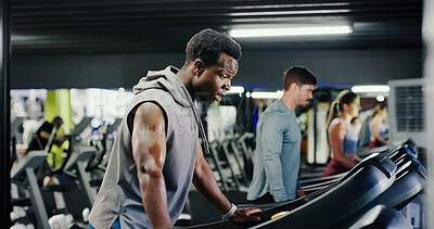 Buy stock photo Tired, workout break or man on treadmill, training and endurance for wellness in gym to rest. Cardio machine, runner or exhausted person in exercise club with fatigue, breathing or fitness for health