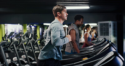 Buy stock photo Gym, running or man on treadmill for fitness training, endurance challenge or cardio workout for health. Performance, exercise machine or athlete with pace practice in sports club, active or wellness