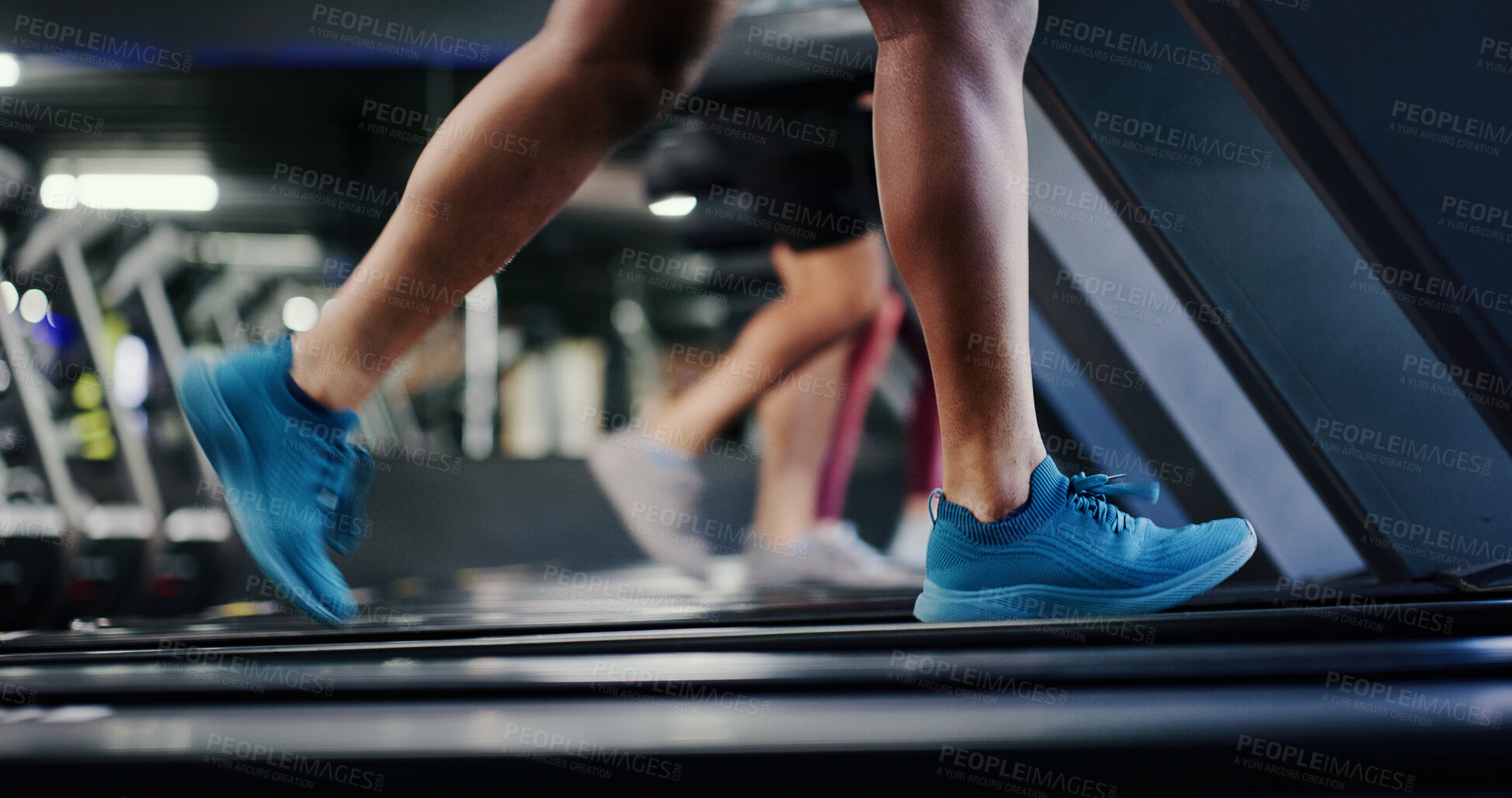 Buy stock photo Legs, person and running on treadmill at gym for cardio exercise, burning calories and fitness. People, sneakers and athlete on machine for agility training, speed development and endurance practice