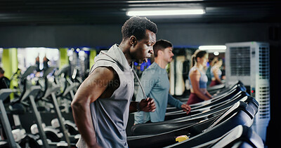 Buy stock photo Fitness, runner or black man with fatigue on treadmill in gym, exercise complete or cardio workout done. Training break, machine or exhausted athlete rest for activity finish, tired or sports club