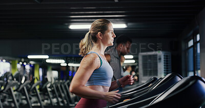 Buy stock photo Gym, running or woman on treadmill for fitness training, endurance challenge or cardio workout for health. Performance, exercise machine or athlete with pace practice in sports club, active or speed