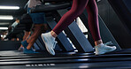Runner, legs and running on treadmill at gym for cardio workout, burning calories and stamina. Fitness, people and sneakers on machine for agility training, speed development and endurance exercise