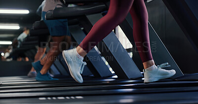 Buy stock photo Runner, legs and running on treadmill at gym for cardio workout, burning calories and stamina. Fitness, people and sneakers on machine for agility training, speed development and endurance exercise