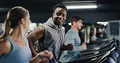 Buy stock photo Fitness, people and running in gym with treadmill, workout talk and endurance training for wellness. Happy, friends and jog in health club with equipment, conversation or speed exercise for mobility.