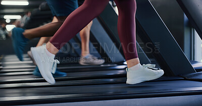 Buy stock photo Running, fitness and legs of person on treadmill in gym, workout and endurance for training. Cardio machine, shoes and people exercise in club for sports, energy and practice for wellness with health